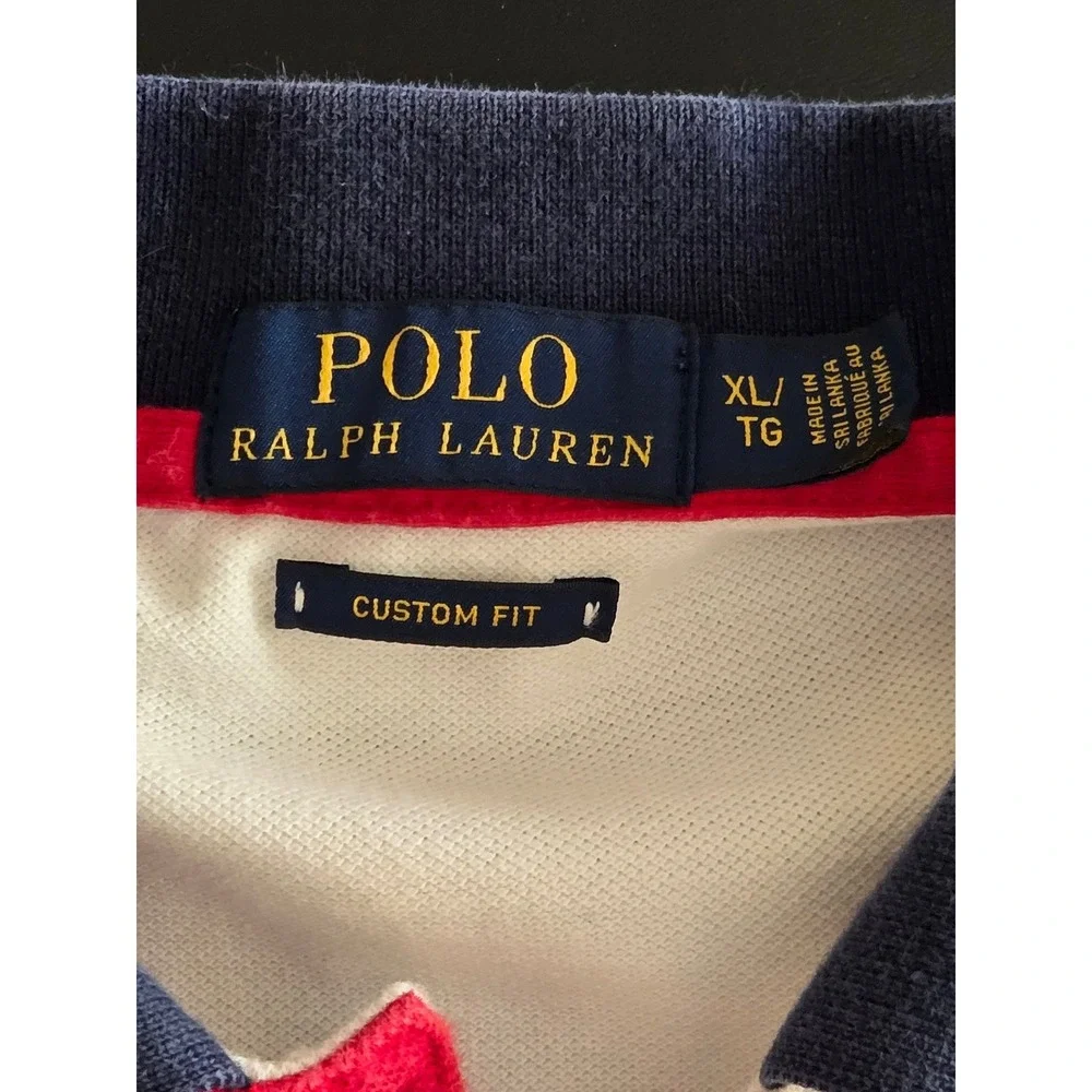 Polo Ralph Lauren‎ Mens XL Custom Fit White Big Pony Polo Shirt Navy Red Trim